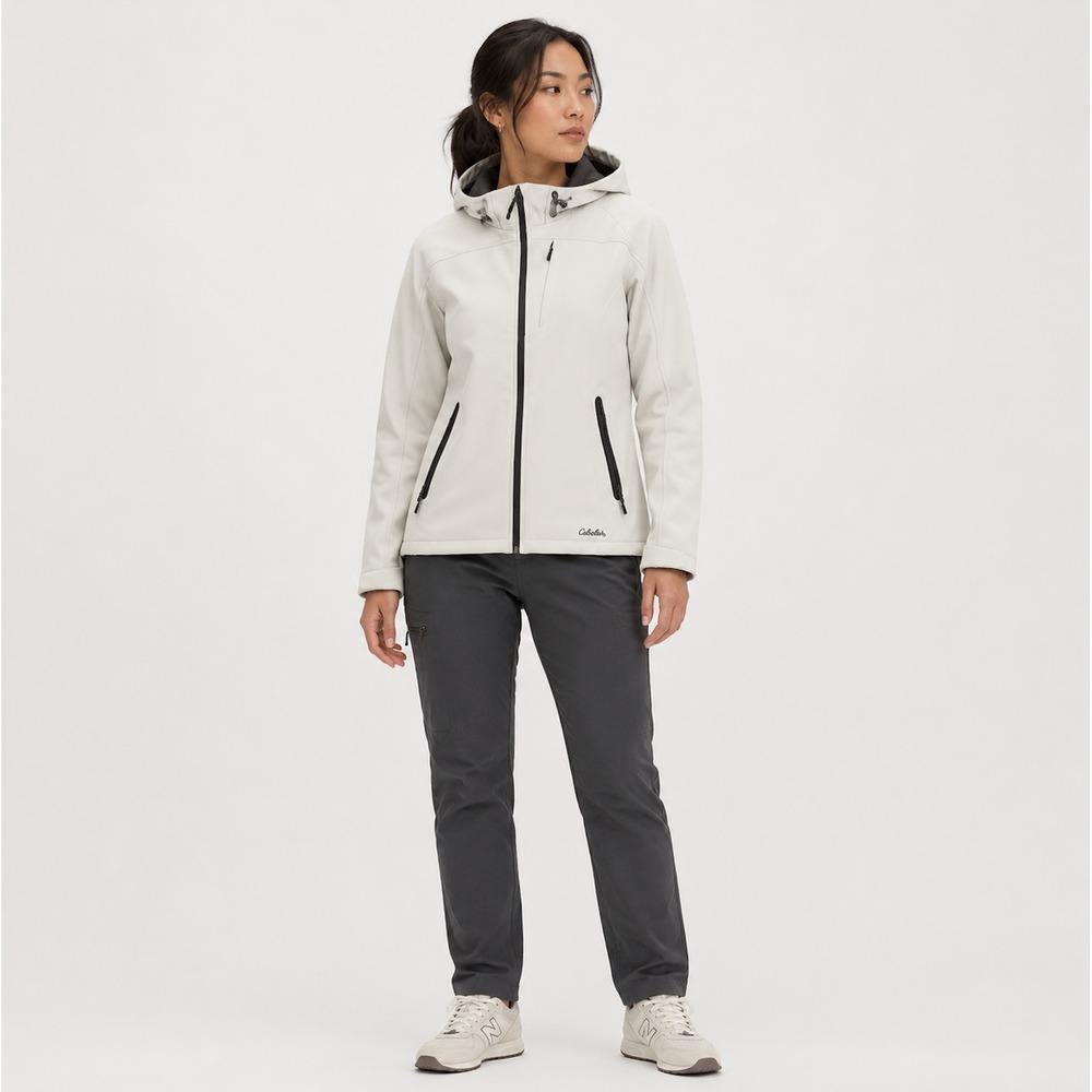 Cabelas Softshell Hooded Jacket Off White Gray Full Zip Fleece Lined LARGE